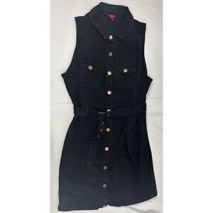 Guess Dress Size Large Denim Black Belted Mini Dress Women's Button Up